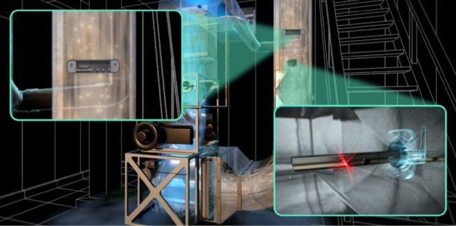 3D rendering image with zoom in boxes of the devise detecting pollutants