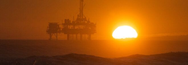 An oil rig on the Huntington Beach coast.