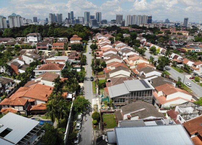 An aerial view of a residential area.