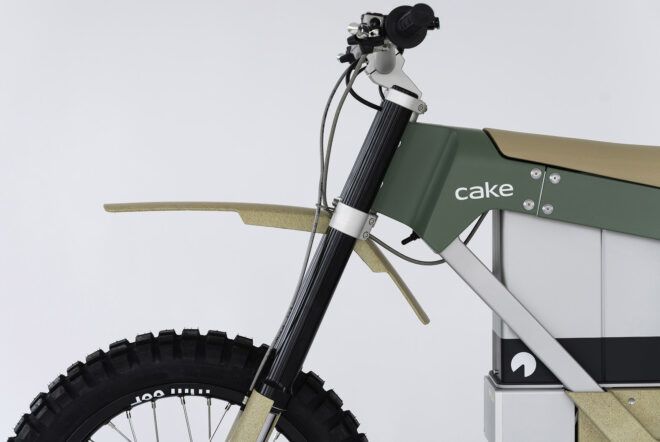 A close-up of a green e-bike's front.