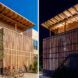 To the left, the house at an angle during the day. To the right, the house at an angle during the night.