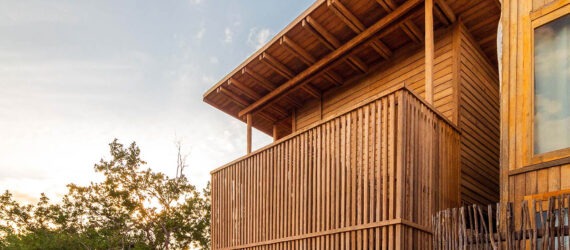 The exterior of a coconut palm wood home.