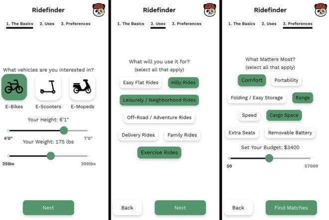 Three Ridepanda screenshots showing the decision process.