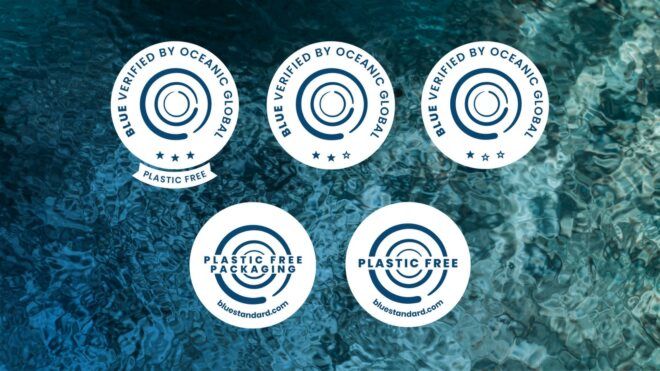 Five white circles with words on it with a ocean photography background