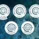 Five white circles with words on it with a ocean photography background