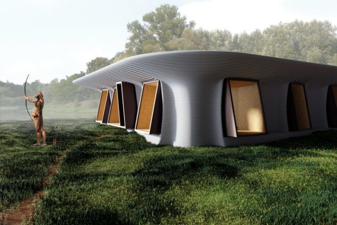 Exterior of building in a grassy land