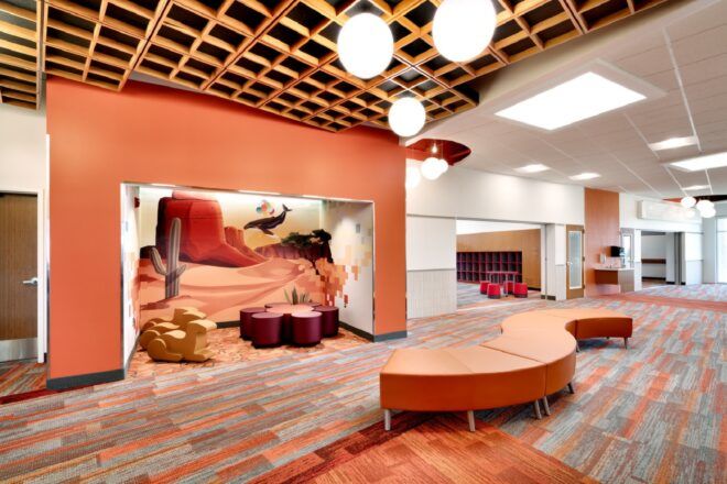 Interior of the elementary school with orange décor