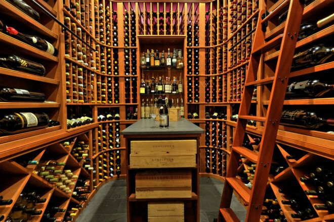 A wine cellar made of wood.