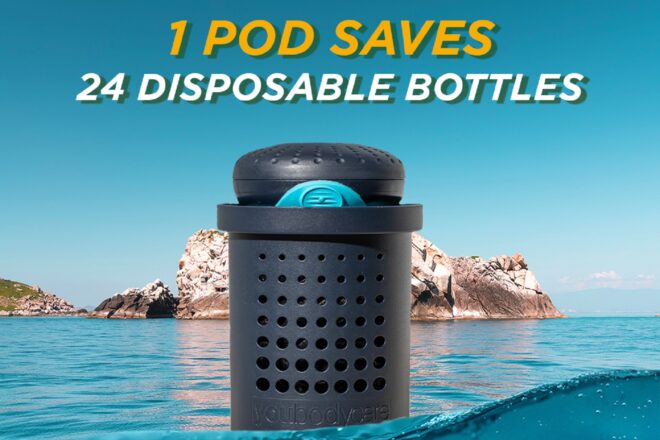YouBodyCare pod that has text that reads "one pod saves 24 disposable bottles"