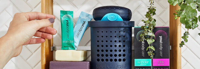 Product displayed in a shower basket