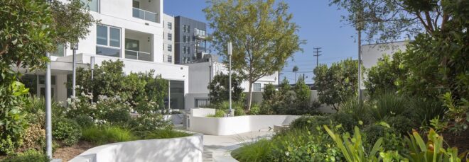 A white building on the left side with trees on the right side