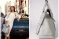 (Left to right) Model posing against a car holding a bag, the side view of the bag alone