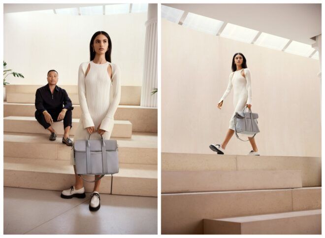 (Left to right) Model posing standing with bag, model walking with bag on a stage