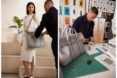 (Left to right) A model posing with a bag, Phillip Lim designing on a cluttered work table