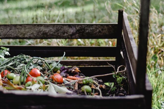 Outdoors compost bin filled with food waste