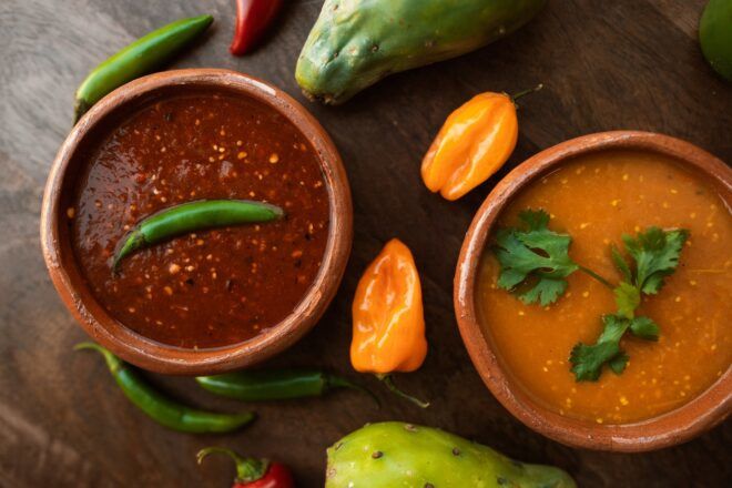 Two bowls of red and orange salsa.