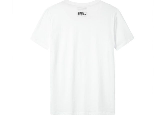 A white t-shirt with a label reading "proudly made in bangladesh."