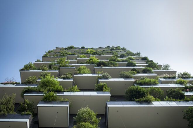 A skyscraper with green terraces.