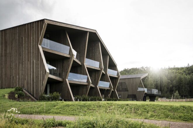 A hexagonal shaped wooden building