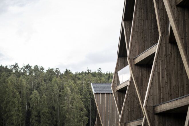 An up close to the hexagonal detail of the wooden buildings