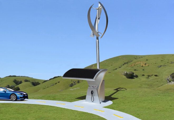 A small charging station with a solar panel and wind turbine attached to the top.
