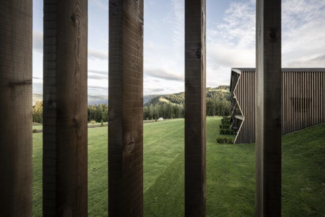 Wood shutters create vertical bars