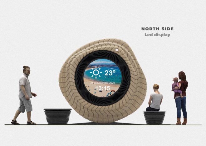 A circular figure sits on the ground with a screen in the center and people around it looking at it