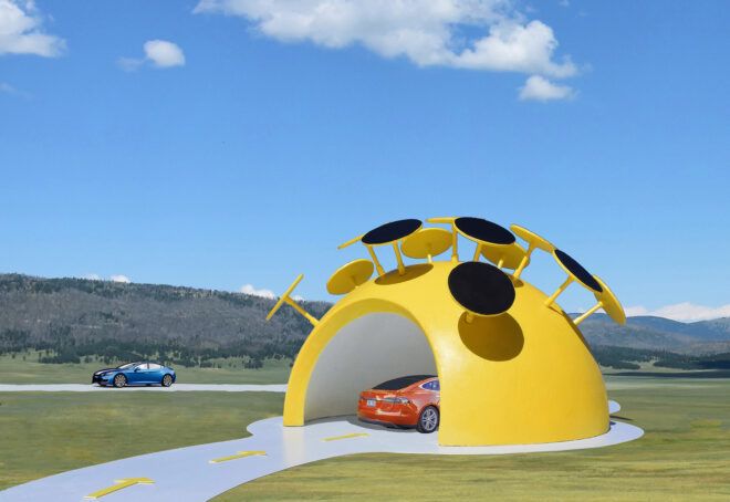 A yellow dome with solar panels protruding from the top.