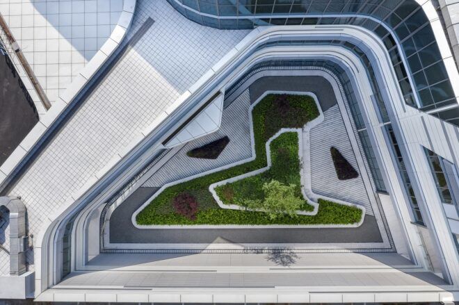 A pavilion shot from above in the shape of a heart