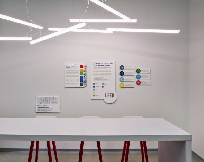 A white wall with papers that talk about LEED certification of the building with a white table in front of it