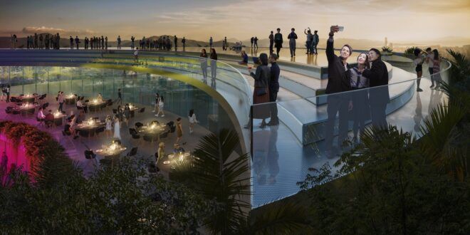A terrace, outside area with people standing on multiple levels