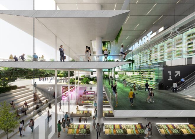 Multiple floors of a building with each floor filled with people and green spaces