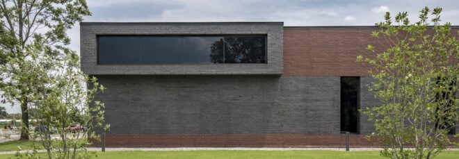 Rectangle building with a slim rectangle window at the top