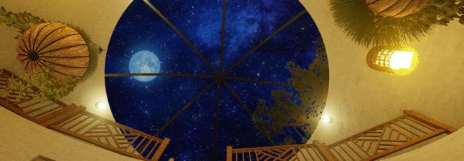 A skylight looking out at the night sky.