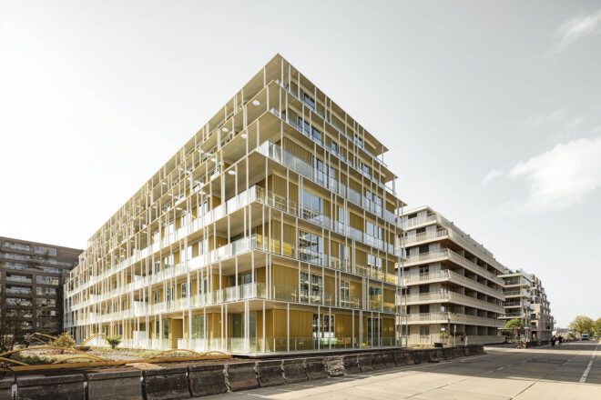 A streetview of a high-rise building taken at an angle.
