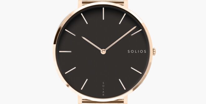 Solios New Black Mini Solar Watch in gold.