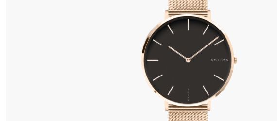 Solios Black Mini Solar Watch in Rose Gold mesh.