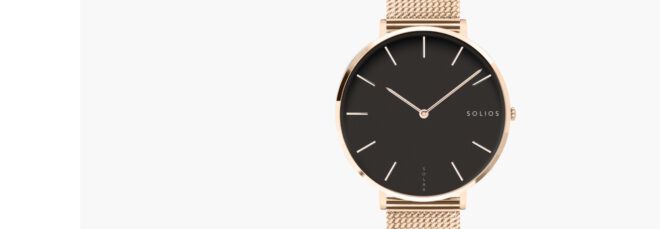 Solios Black Mini Solar Watch in Rose Gold mesh.