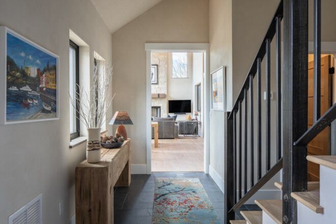 A stairway leading into a hallway