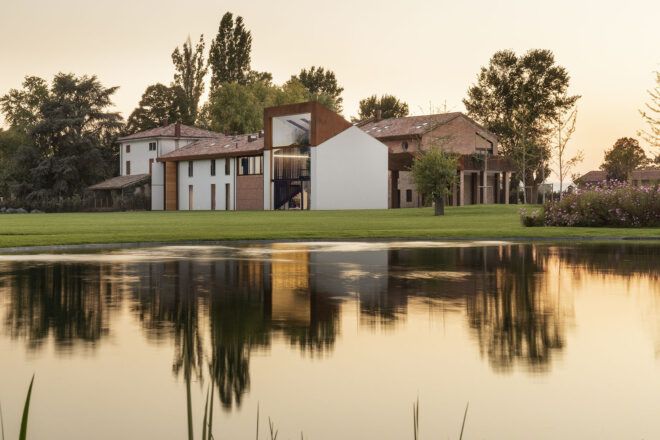 A home by a lake.