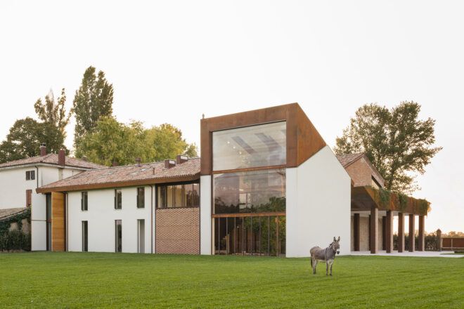 A green lawn where a donkey stands in front of a house.