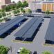 A parking lot with solar panel parking sheds.