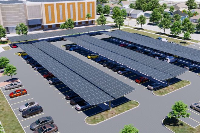 A parking lot with solar panel parking sheds.
