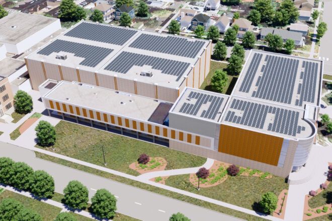 A rendering of an aerial view of a building with solar panels on the roof.