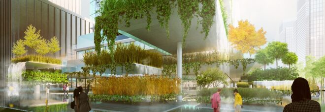 An outside pavilion area with a large water area