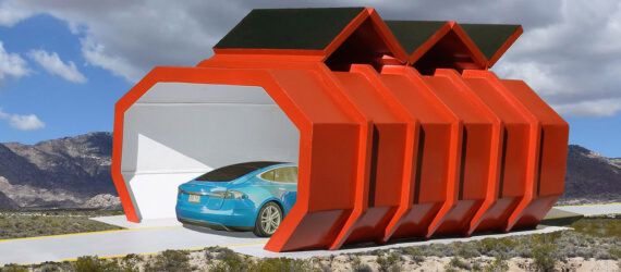 A car entering a red tube charging station.