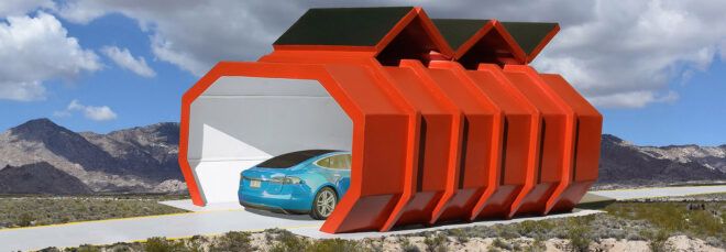 A car entering a red tube charging station.