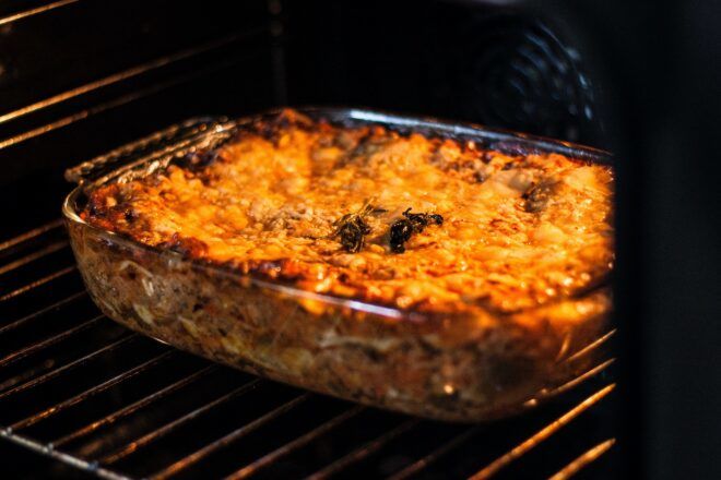A lasagna in an oven