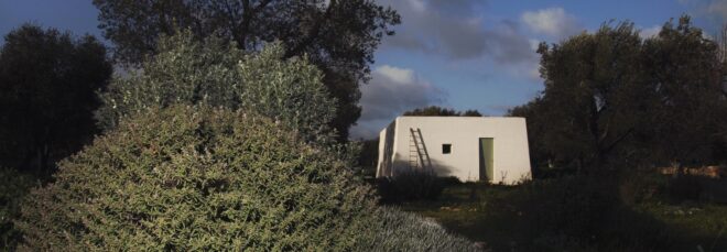 A white building hidden in an area of trees
