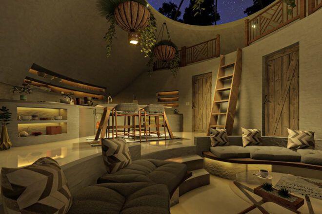 A rendering of the inside of a glamping dome decorated in a boho style.